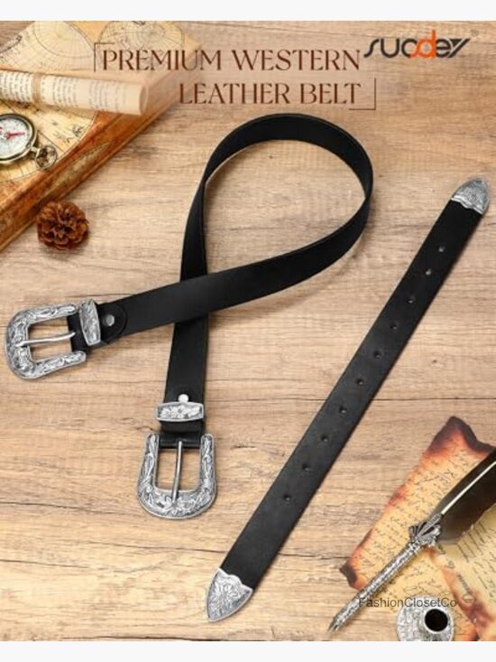 Vintage Leather Belt with Floral Metal Buckle - 1 Inch Wide main image 7